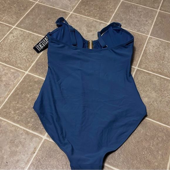 Chic Blue One-Piece Swimsuit with Gold Accent - Picture 3 of 9